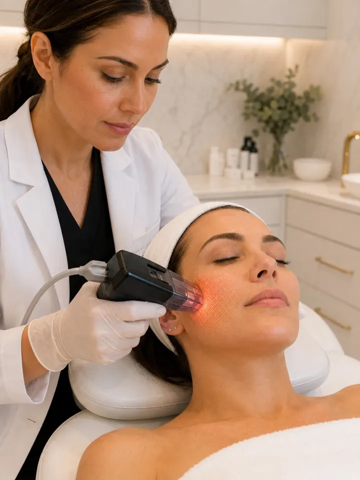 A clinician performing Morpheus8 radiofrequency microneedling on a patient's cheek